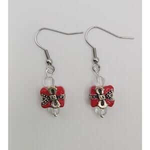 Handmade Red Present Christmas Earrings Crystal Accent Dangles 1.5" New